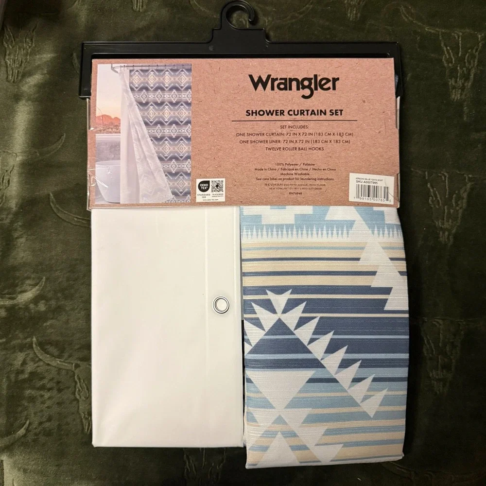 Wrangler Shower Curtain Set Unisex 72x72 Blue New Southwestern Geometric Boho